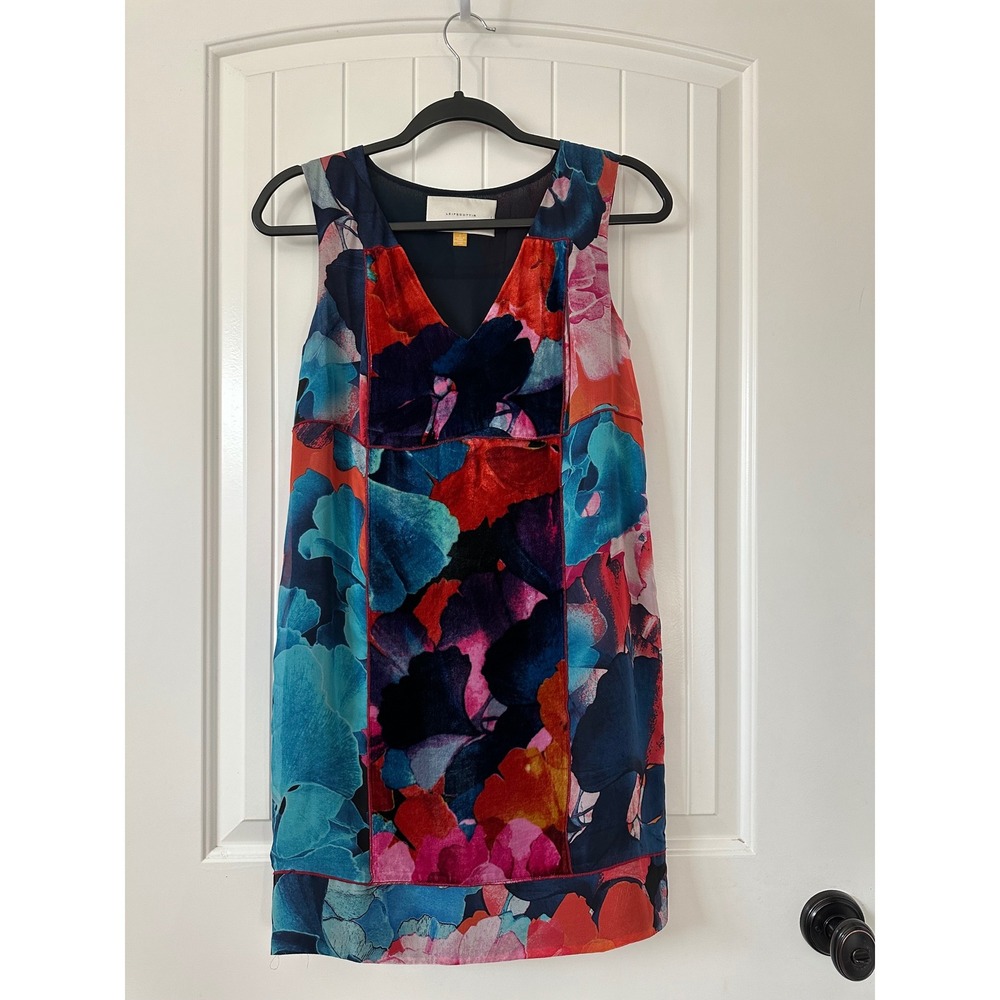 Anthropologie Leifsdottir Silk Floral‎ Print Velvet Panel Sleeveless Dress 0